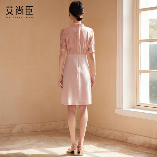 艾尚臣粉色小香风蝴蝶结连衣裙2024夏季新款修身甜美女装中长裙子 商品图3