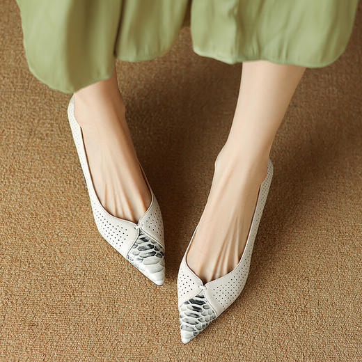 【预售5天】复古蛇纹真皮镂空洞洞尖头单鞋女夏季浅口小跟中跟ZYY&A875 商品图4
