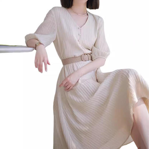 法式优雅微褶系带连衣裙 轻奢优雅 知性气质 高级感显瘦连衣裙 商品图4