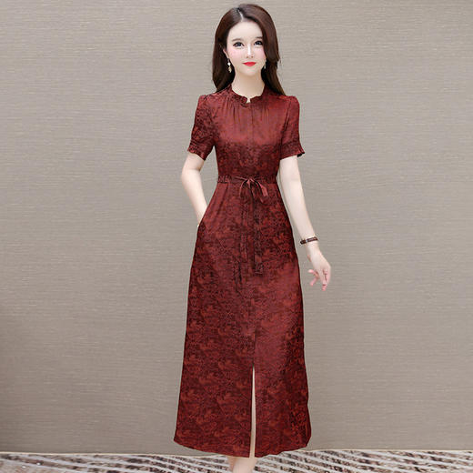 QYM FXP067-Y时尚印花连衣裙系带收腰妈妈裙 商品图1