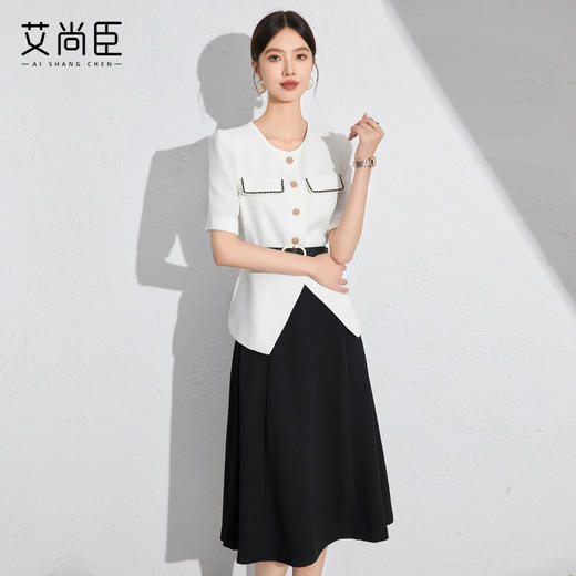 艾尚臣白色西装开衫外套女夏季正装薄款两件套职业商务女装套装裙 商品图0
