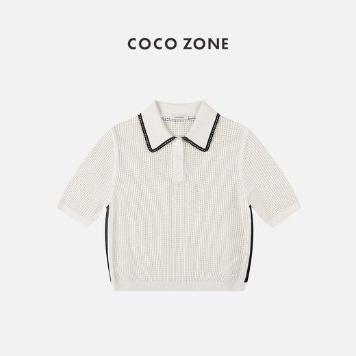 COCO ZONE 通勤风POLO领撞色边针织上衣镂空设计 23C19008 商品图0