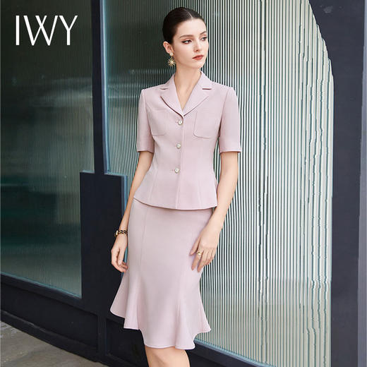 IWY/粉色职业西装套裙女夏季薄款美容院商务接待鱼尾套裙医美工装CS2003 商品图3