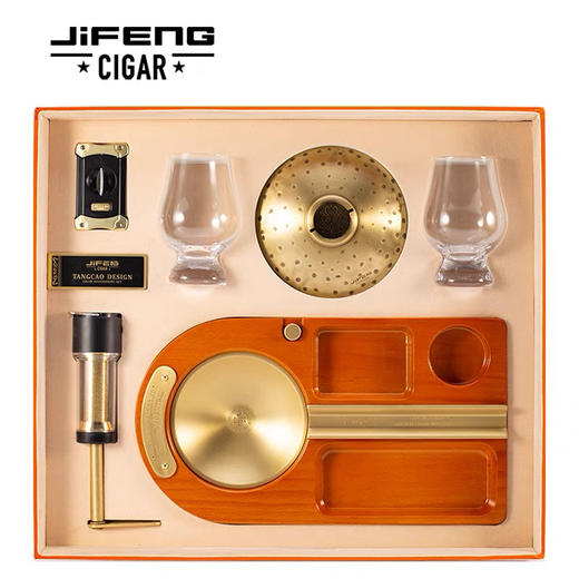 JIFENG季风威士忌杯雪茄剪打火机纯铜榉木实木雪茄烟灰缸套装 商品图3