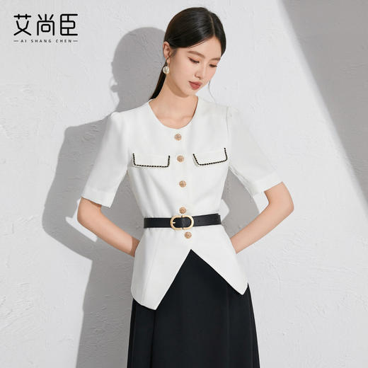 艾尚臣白色西装开衫外套女夏季正装薄款两件套职业商务女装套装裙 商品图4