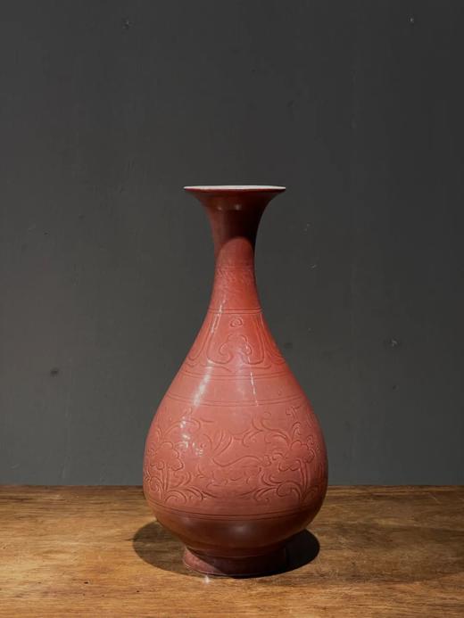 红釉刻花卉玉兔纹玉壶春瓶，顺丰包邮 商品图1