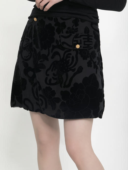 微瑕秒杀| 盛唐牡丹|真丝丝绒纯黑短裙[特价品](特殊商品不退不换) 商品图2