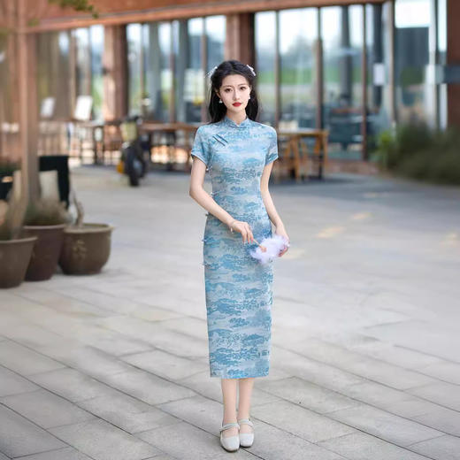 ZAYS2024夏季复古老上海气质改良长旗袍日常短袖立领提花旗袍 商品图2