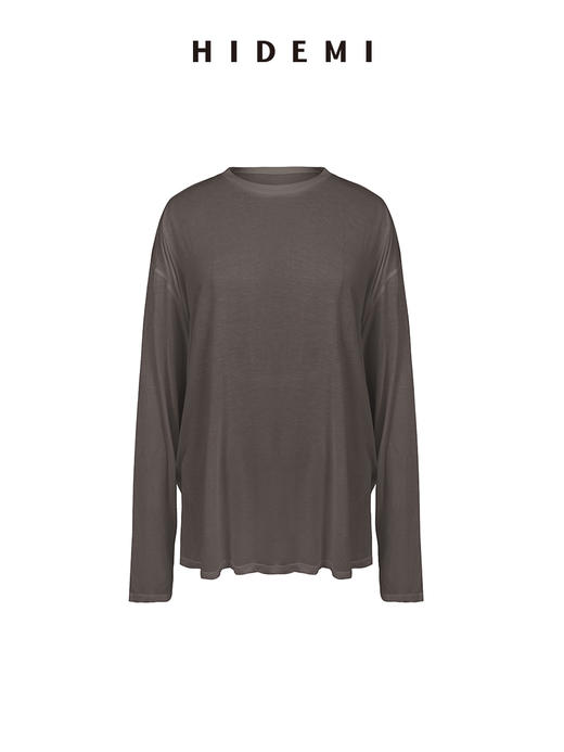 HIDEMI凉感超薄清透皮肤衣系列圆领oversize宽松慵懒长袖面膜T恤 朱红色/豆沙灰绿/烟草灰/深藏青/自然白 商品图12