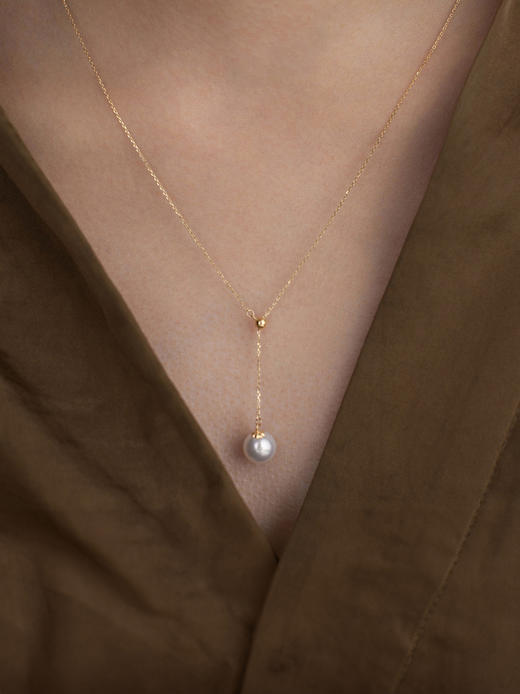 LUCINE Y型18k黄金单颗正圆淡水珍珠吊坠可调项链锁骨链年轻时尚 商品图1