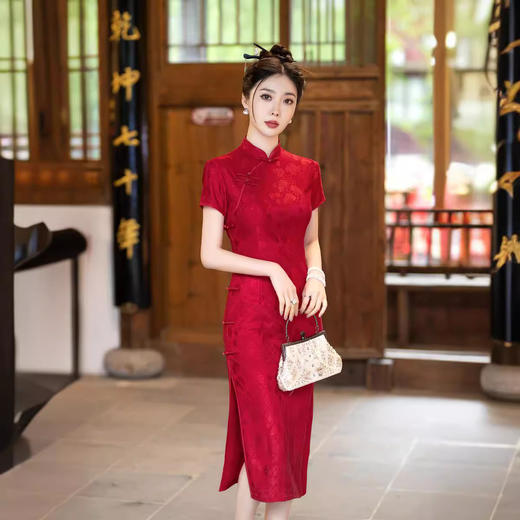 ZAYS024夏季新款改良蕾丝红色婚宴礼服短袖气质立领长旗袍裙 商品图1