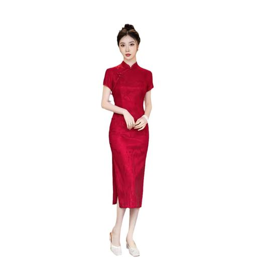 ZAYS024夏季新款改良蕾丝红色婚宴礼服短袖气质立领长旗袍裙 商品图4