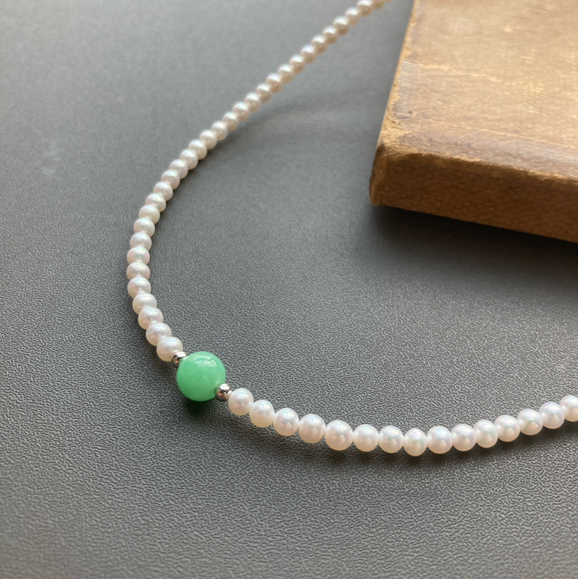 5A级珍珠baby珠阳绿翡翠珠串银项链