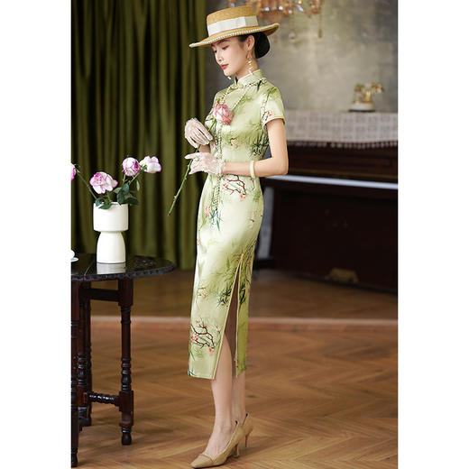 新中式绿色真丝旗袍，复古改良年轻款修身连衣裙YY- 2469 商品图2