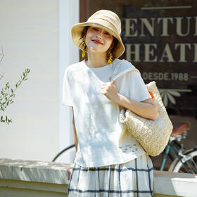 绽放旅行女装391朵/高端汉麻棉针织t恤2024新款飞鸟绣花棉麻上衣