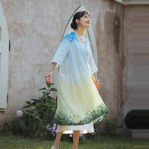绽放旅行女装396朵/高支亚麻渐变印花复古文艺开衫连衣裙 商品图2