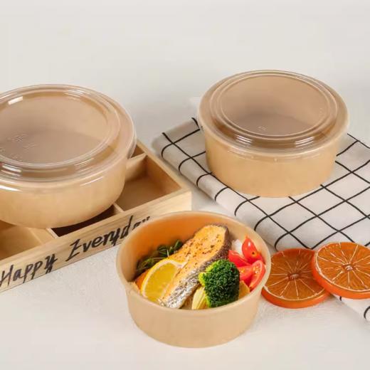 500ml/1100ml 牛皮纸带盖纸碗 沙拉碗野餐盒水果包装外卖轻食碗 圆形 一次性纸碗 商品图2