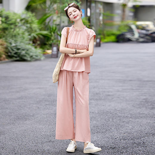 慵懒风休闲气质阔腿裤套装，小立领短袖衫两件套HR-MY9926 商品图0