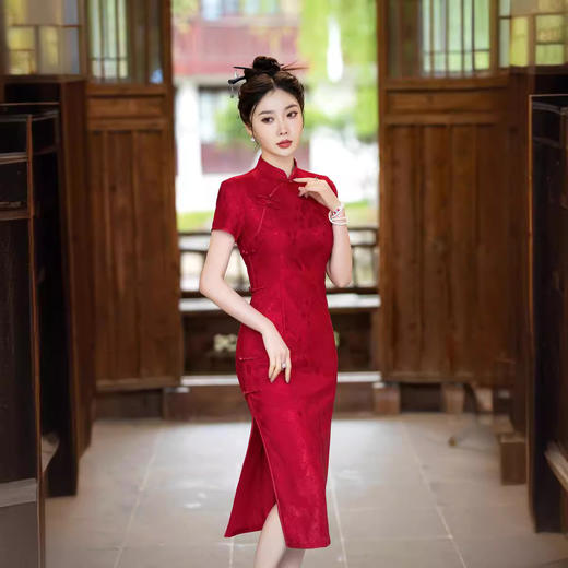 ZAYS024夏季新款改良蕾丝红色婚宴礼服短袖气质立领长旗袍裙 商品图2