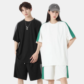 冰感情侣斯辰唯佳套装宽肩极简T恤+休闲短裤两件套 潮牌情侣装健身篮球服宽松上衣五分袖#异业福利