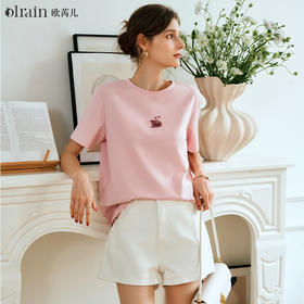 OLrain欧芮儿粉色短袖T恤女夏季通勤立体精致珠片绣上衣圆领体恤