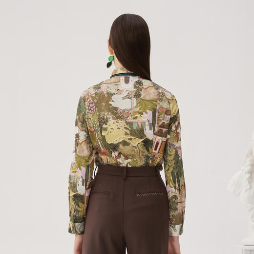 谜底花色衬衫长袖女2024秋季款复古风印花合体亲肤衬衣247MC5060 商品图2