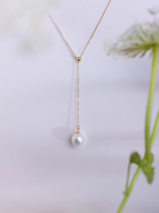 LUCINE Y型18k黄金单颗正圆淡水珍珠吊坠可调项链锁骨链年轻时尚 商品图3