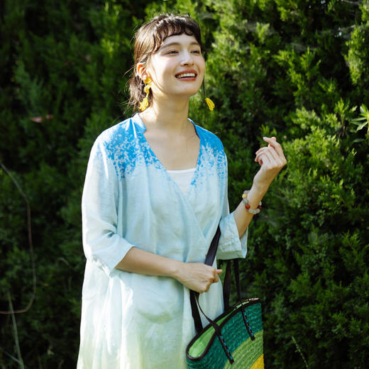 绽放旅行女装396朵/高支亚麻渐变印花复古文艺开衫连衣裙 商品图1