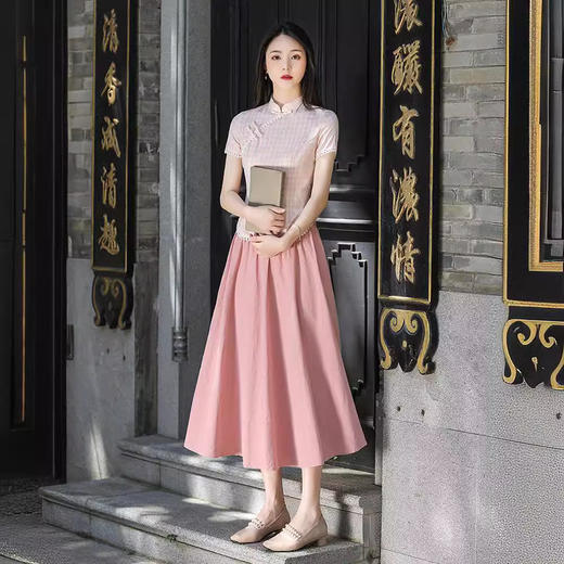 粉色短袖花边旗袍两件套装 BS2295 商品图3