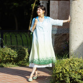 绽放旅行女装396朵/高支亚麻渐变印花复古文艺开衫连衣裙