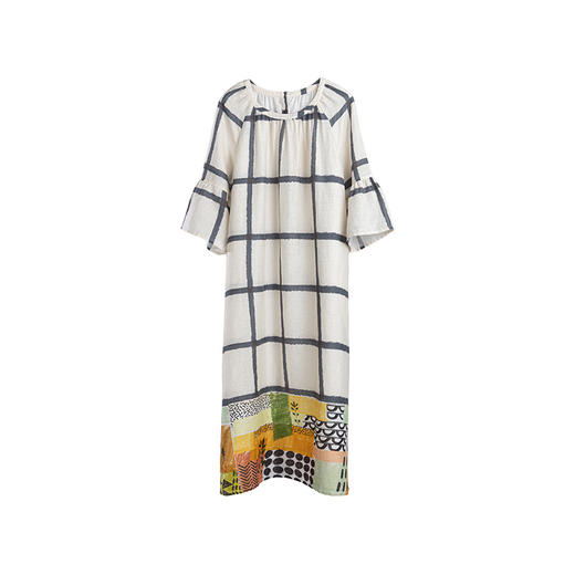 绽放旅行女装406朵/米黄色高支亚麻定位印花宽松舒适度假连衣裙 商品图3