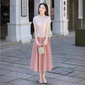 粉色短袖花边旗袍两件套装 BS2295