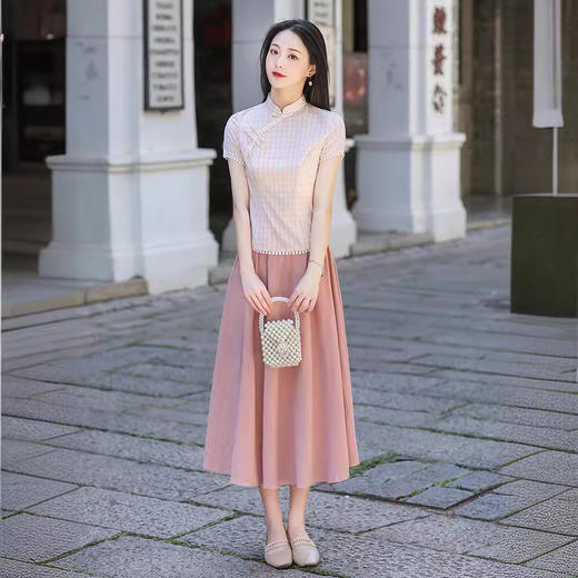粉色短袖花边旗袍两件套装 BS2295 商品图0
