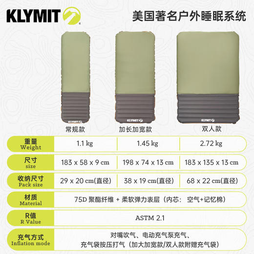 Klymit Klymaloft系列舒适记忆棉充气睡垫 户外露营防潮空气海绵睡垫 加长加宽款 商品图4