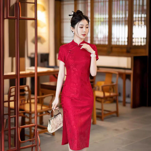 ZAYS024夏季新款改良蕾丝红色婚宴礼服短袖气质立领长旗袍裙 商品图0