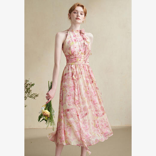 优雅挂脖荷叶边碎花连衣裙新款立领无袖A字型长裙V0740512 商品图1