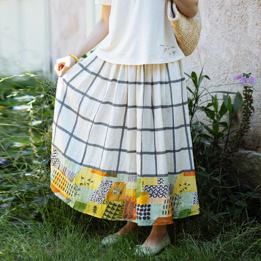 绽放旅行女装393朵/高支亚麻印花松紧腰百搭宽松文艺休闲半身裙 商品图0