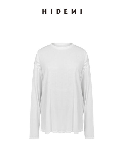 HIDEMI凉感超薄清透皮肤衣系列圆领oversize宽松慵懒长袖面膜T恤 朱红色/豆沙灰绿/烟草灰/深藏青/自然白 商品图10