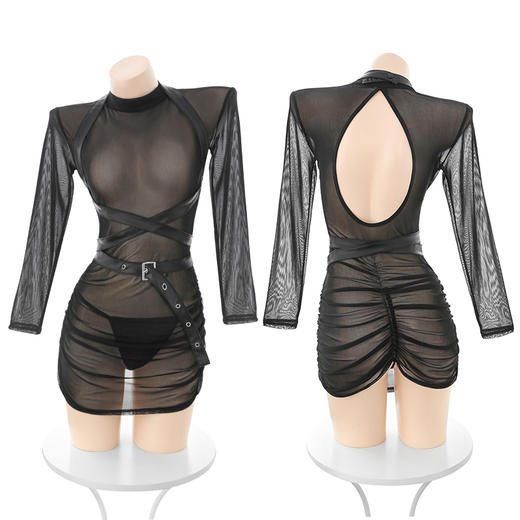 霏慕M皮带束身透视包臀裙6266 包臀短裙长袖连衣裙透明性感情趣内衣夫妻刺激制服性感睡衣睡袍 商品图6