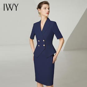 IWY/藏青色短袖连衣裙女夏季高级感新款裙子职场前台职业OL裙子242027Q1