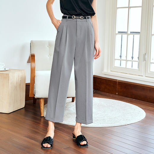 OLrain欧芮儿灰色高腰休闲裤女夏季2024年新款通勤时尚百搭九分裤 商品图2