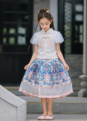 littletime女童纯棉短袖新中式t恤夏2024新款团花盘金绣儿童上衣