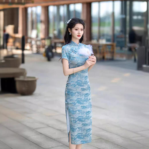 ZAYS2024夏季复古老上海气质改良长旗袍日常短袖立领提花旗袍 商品图3