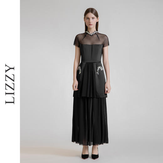 LIZZY2024优雅复古宫廷风 手工钉珠镂空拼接礼服连衣裙5507 商品图1