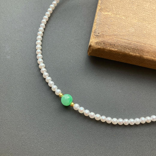 5A级珍珠baby珠阳绿翡翠珠串18k金项链 商品图0
