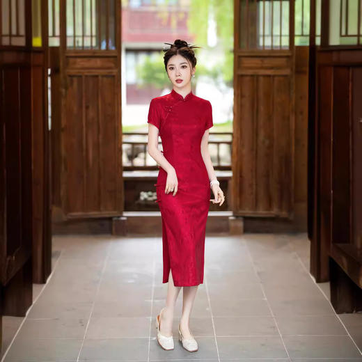 ZAYS024夏季新款改良蕾丝红色婚宴礼服短袖气质立领长旗袍裙 商品图3