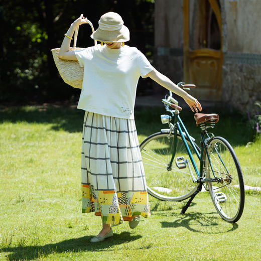 绽放旅行女装393朵/高支亚麻印花松紧腰百搭宽松文艺休闲半身裙 商品图1