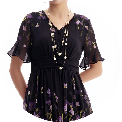 HJ2S53_紫薄汗色_连衣裙_夏季_精致钉珠 V 领荷叶袖网纱收腰显瘦气质中裙_高级女装_BERNIEELEN 伯妮斯茵 商品图9