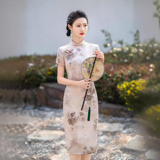 中长款提花旗袍2024夏季新中式改良高级感气质短袖印花连衣裙旗袍 商品图1