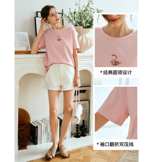 OLrain欧芮儿粉色短袖T恤女夏季通勤立体精致珠片绣上衣圆领体恤 商品图4